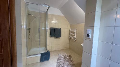 a bathroom with a shower with a glass door at Villa ANSER in Połczyn-Zdrój