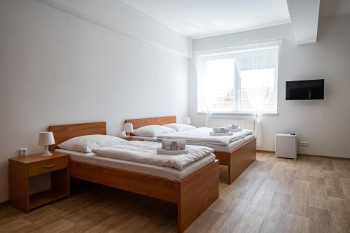 a bedroom with two beds and a television in it at Penzion Patria Kobyli in Kobylí