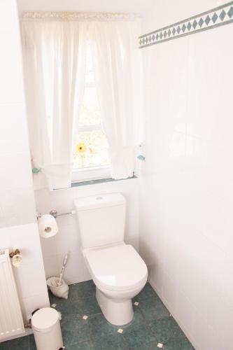 a white bathroom with a toilet and a window at Reet und Meer Beckerwitz in Hohenkirchen