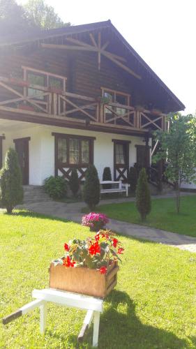 a house with a bench and flowers in front of it at U Druziv in Polyana