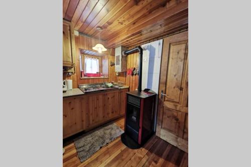 eine Küche mit einem Herd in einem Zimmer mit Holzwänden in der Unterkunft Casa Bel Vedere in Falcade