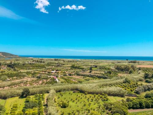 an aerial view of a field with the ocean in the background at panoramic LOFT Fora e ' Muros with sea view common terrace , Ammentos Posada in Posada