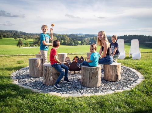 a group of children sitting on tree stumps around a fire pit at Traumferienhaus XXL Ortner in Wetzendorf