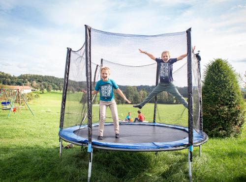 two young boys jumping on a trampoline at Traumferienhaus XXL Ortner in Wetzendorf