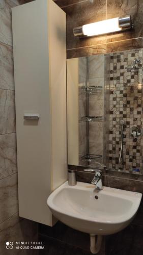 a bathroom with a white sink and a mirror at Apartment Central Park in Gabrovo