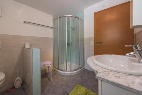 a bathroom with a glass shower and a sink at Almliesl HOLL-453 in Hollersbach im Pinzgau