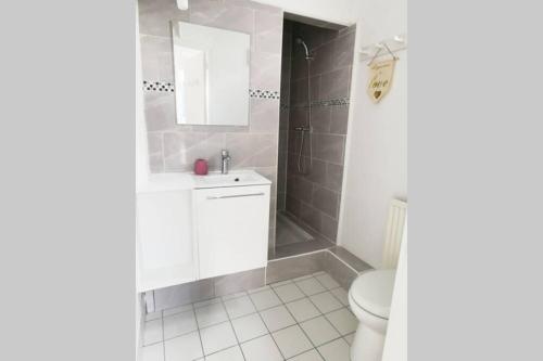 La salle de bains est pourvue de toilettes et d'un lavabo. dans l'établissement Joli appartement à 2 pas de Paris, à Bagnolet