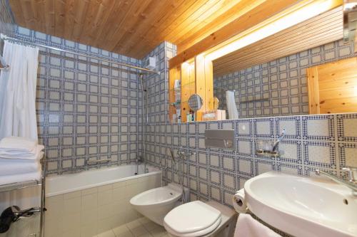 bagno piastrellato blu con servizi igienici e lavandino di Schweizerhof Drescher a Lenzerheide