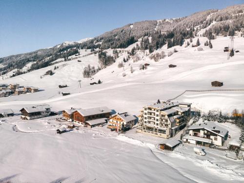 an aerial view of a ski resort in the snow at Wohlfühlhotel Innertalerhof in Gerlos