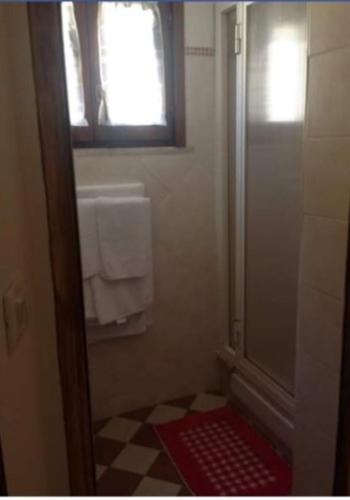 a bathroom with a shower and a window and towels at Casa vacanze Mamma Rosa in Canale Monterano