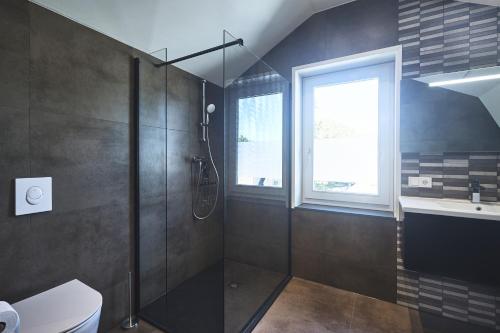 een badkamer met douche en toilet en een raam bij Apartment Bolwerkzicht in Middelburg