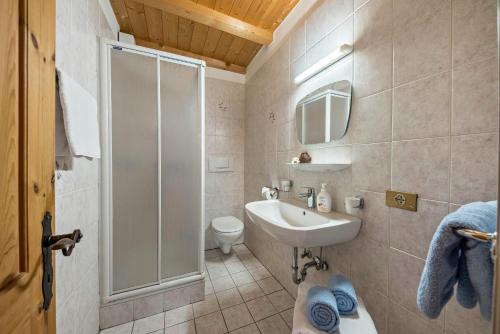 y baño con ducha, lavabo y aseo. en Ferienwohnung Stockrose Nusserhof, en Avelengo