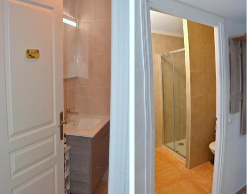 La salle de bains est pourvue de toilettes, d'un lavabo et d'une douche. dans l'établissement L'Orangeraie du Cap, à Antibes