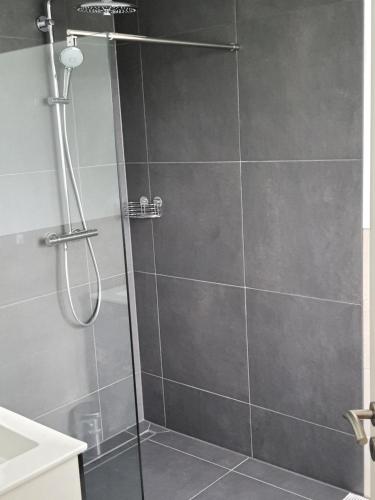 a shower with a glass door in a bathroom at Gäste Haus Am See in Düren - Eifel