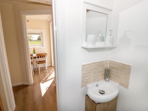 a bathroom with a sink and a mirror at Malvern View Lodge in Worcester