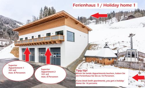 a picture of a house with two arrows pointing to a home at Appartements Moser in Viehhofen