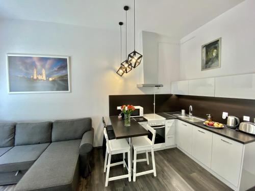 Il dispose d'une cuisine et d'un salon avec un canapé et une table. dans l'établissement Art Apartment Szeged, à Szeged