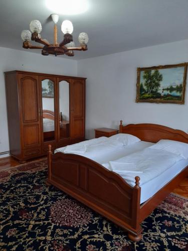 1 dormitorio con 1 cama grande y ventilador de techo en Casa Miki en Haţeg