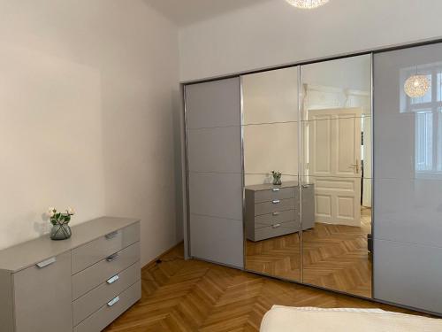 Un dormitorio con un gran armario de cristal y un lavabo. en MQ Appartement, en Viena