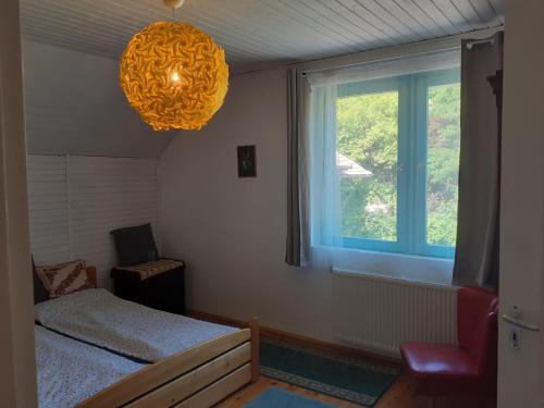 1 dormitorio con cama, ventana y lámpara de araña en Mákvirágház2, en Zebegény