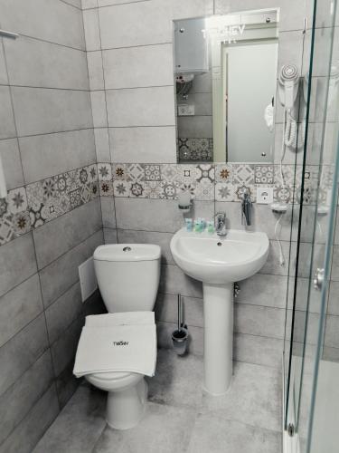 a bathroom with a toilet and a sink at готель Тячів in Tyachiv