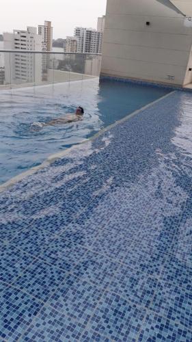 a dog swimming in a swimming pool on a building at Velas Al Mar - Apartamento Rodadero Gaira in Gaira