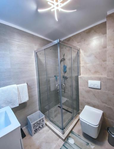 a bathroom with a shower and a toilet and a chandelier at Mamaia Luxury Studio Apartment T in Mamaia