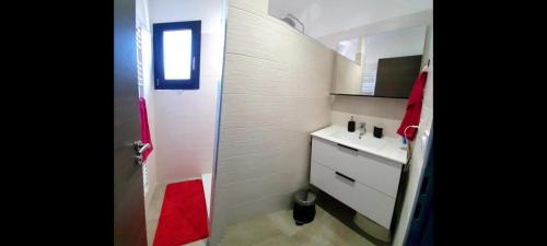 une petite salle de bain avec un lavabo et un miroir dans l'établissement Maison U nidu à 500m de la mer, à Cervione