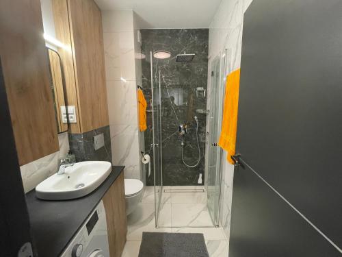 a bathroom with a shower and a sink at Lawenda Krynicka in Krynica Morska