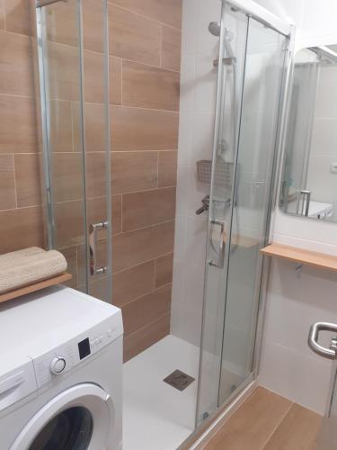 y baño con ducha y lavadora. en VIVIENDA LA ESTRELLA, en Tudela