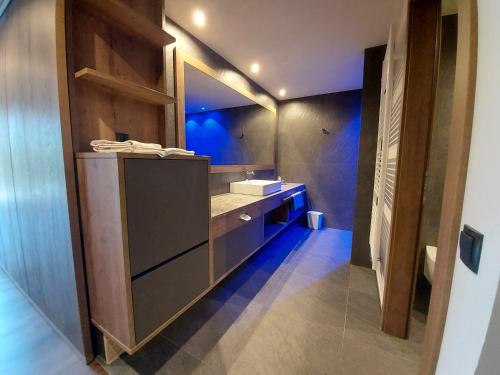 ein Badezimmer mit Waschbecken und Waschtischplatte in der Unterkunft Molaris Lodge in Mühlbach