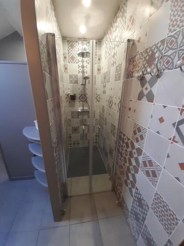 a shower with a glass door in a bathroom at Le Figuier in Le Lindois