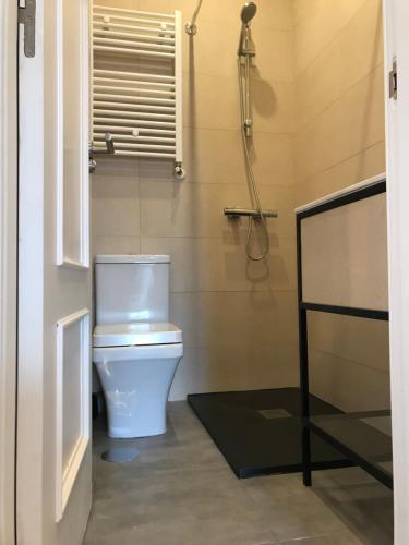 a bathroom with a white toilet and a window at Puerta del Angel in Madrid