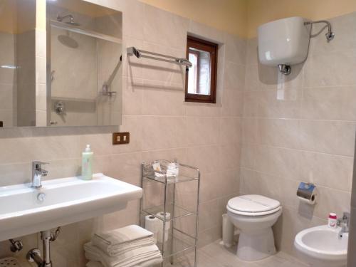 a bathroom with a sink and a toilet and a mirror at Small lovely home in Pienza in Pienza