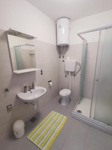 a bathroom with a sink and a toilet and a shower at Apartmani Kronjac in Milna
