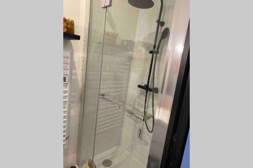 a shower in a bathroom with a glass door at Appartement centre de Moulins in Moulins