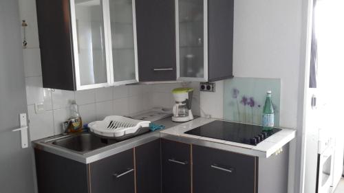 une cuisine avec un évier et un plan de travail dans l'établissement 2 pièces - Cabine et terrasse Véranda - GRAU DU ROI -, au Grau-du-Roi