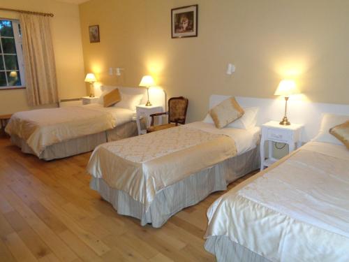 a hotel room with three beds and two lamps at Redwood Apartment in Killarney