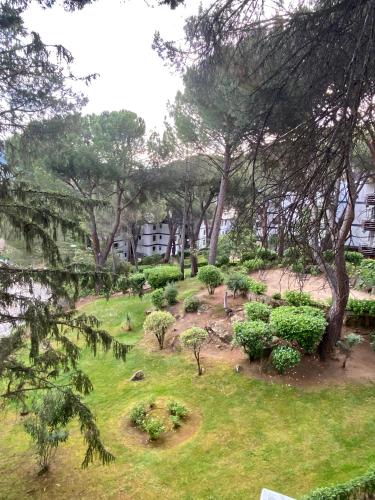 un jardín con árboles, césped verde y arbustos en Costa de madrid pronto, en San Martín de Valdeiglesias