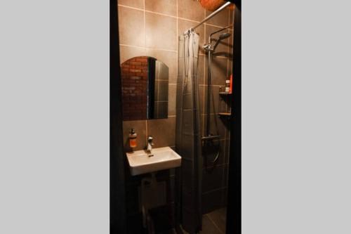 een badkamer met een wastafel en een douche bij Piparmētras in Mērsrags