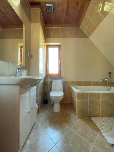 a bathroom with a toilet and a sink and a tub at Dom pod Klonem in Jantar