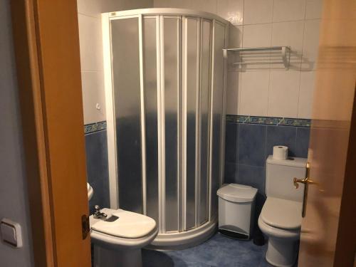 La salle de bains est pourvue d'une douche et de toilettes. dans l'établissement Hostal Restaurante LA CEPA, à Cenicero