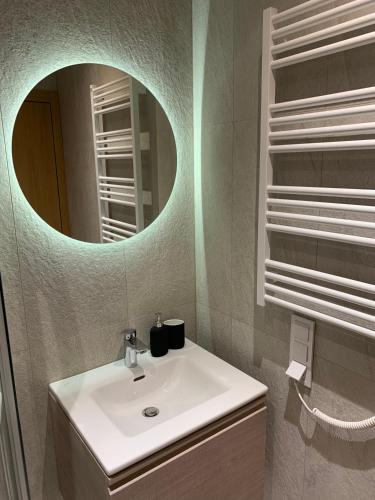 a bathroom with a white sink and a mirror at Aurora apartments in Palanga