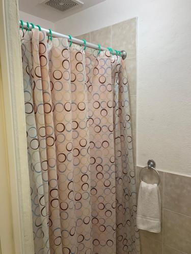 a shower with a shower curtain in a bathroom at Room 4 rent in San Salvador