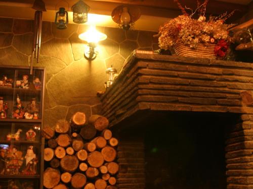 a fireplace with a stack of logs in a room at Villa Alpen in Yamanouchi