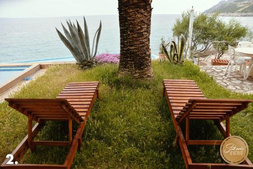two wooden benches sitting in the grass next to a tree at Resort Stikovic in Dobra Voda