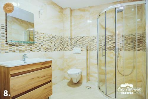 a bathroom with a shower with a toilet and a sink at Resort Stikovic in Dobra Voda
