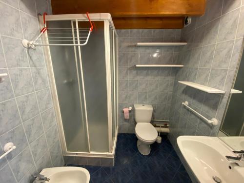a bathroom with a shower and a toilet and a sink at Appartement Montgenèvre, 2 pièces, 6 personnes - FR-1-445-164 in Montgenèvre