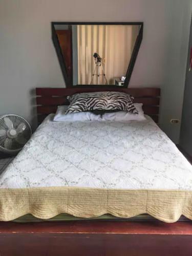 a bed with a zebra print bedspread and aigun at Linda casa de verano con amplias zonas verdes in San Isidro