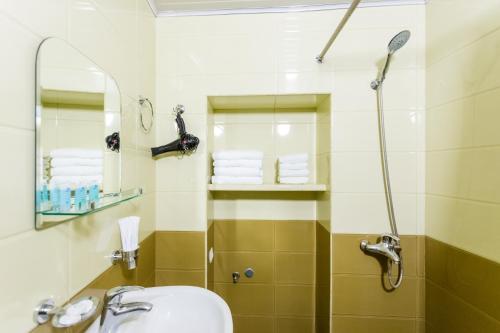 a bathroom with a shower and a sink and a mirror at Rustaveli Two Bedroom Apartment with 5 Star Location in Tbilisi City